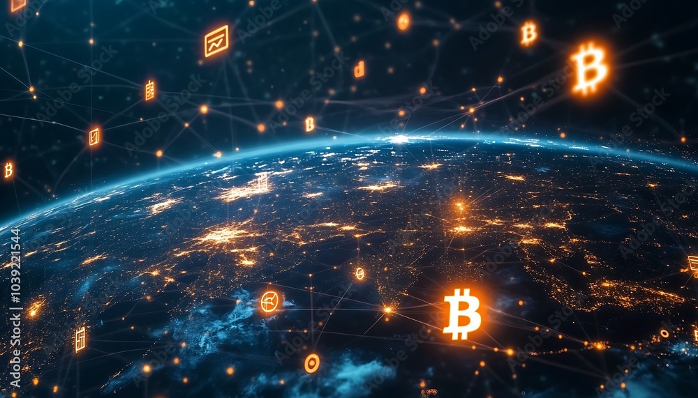 Aufkleber a digital representation of earth surrounded by glowing cryptocurrency symbols, highlighting the glo