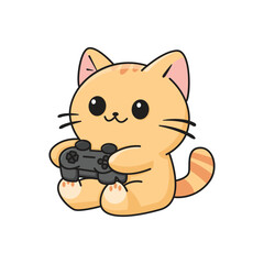 Cute cat holding video game controller, smiling.