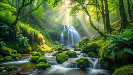 Sunbeams pierce through the canopy of a lush forest, illuminating a cascading waterfall and moss-covered rocks, creating a serene and enchanting scene.