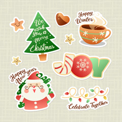 Cute Christmas  and happy new year stickers set with Santa, Christmas tree, cup of coffee, signs, stars, lights, decor, label, winter holiday, vector illustration