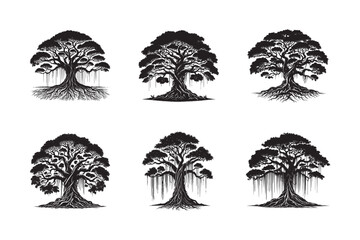 Obraz premium banyan tree silhouette in black color, banyan tree hand drawn vector, Banyan Tree Silhouette Vector art