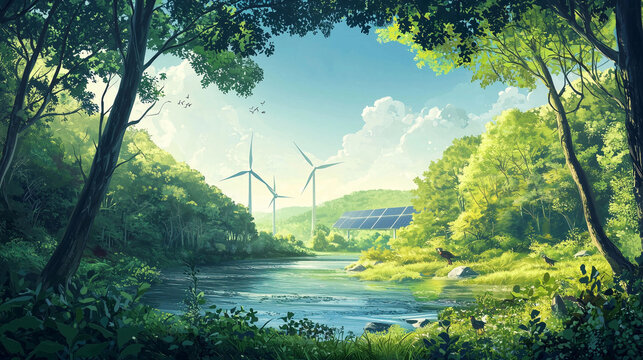 Wind turbines and solar panels in a forest landscape representing renewable energy and ecological sustainability.