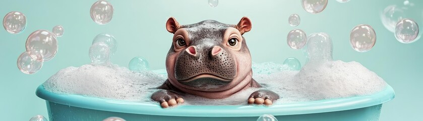 A grumpy baby hippo in a bubble bath, 3D art with vibrant colors, playful bathroom setting with bubbles