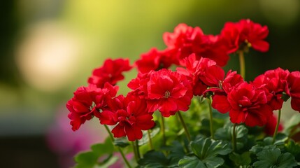 Vibrant Red Geraniums in Soft Focus with Lush Green Foliage