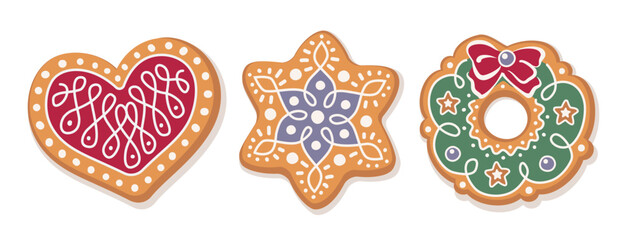 Gingerbread cookies set - Christmas wreath, snowflake and heart. Cute winter homemade sweets in festive shapes isolated on transparent background. Vector illustration in flat style.