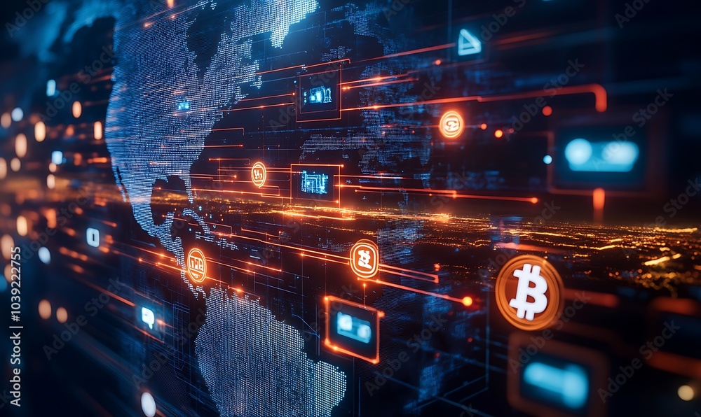 Leinwandbilder A digital representation of global connectivity and cryptocurrency, showcasing the flow of information and blockchain technology across the world.