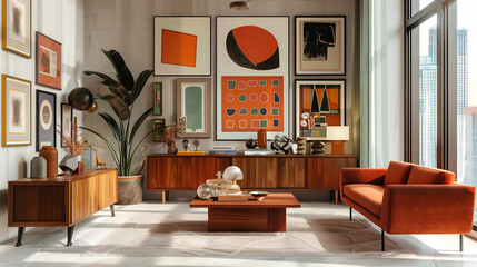 Mid-century modern living room with a teak wood credenza, a burnt orange sofa, and a gallery wall of abstract art, illuminated by floor-to-ceiling windows.