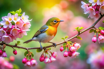 vibrant bird perched on branch surrounded by beautiful pink flowers creates serene and enchanting scene. gentle rustle of leaves and soft chirping of birds enhance tranquil atmosphere