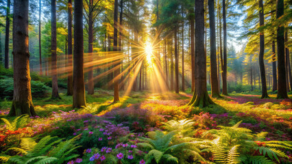 Obraz premium serene forest scene where vibrant rays of sunlight burst through dense foliage, illuminating colorful flowers and lush ferns below. atmosphere is tranquil and enchanting, inviting sense of peace and