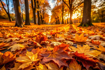 vibrant carpet of autumn leaves blankets ground, showcasing shades of orange and yellow as sun sets behind trees, creating warm and inviting atmosphere