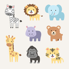 Icon set bundle collection animals zoo forest wildlife simple illustration drawing kiddy children tiger, gorilla, elephant, bear, zebra, giraffe, lion