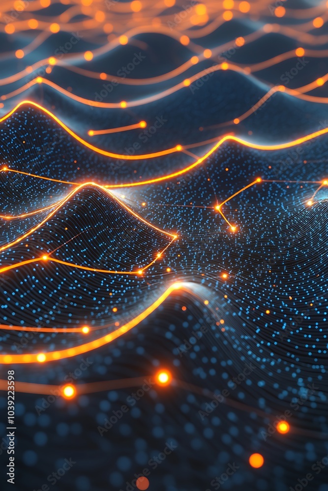 Poster A mesmerizing digital landscape showcasing flowing curves of light and dot patterns, resembling waves of data in a high-tech environment.