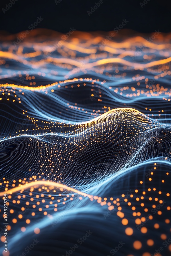 Poster A vibrant, abstract representation of flowing waves and luminous data points, conveying a sense of dynamic movement and energy.