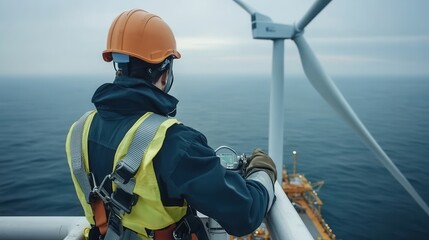 Technician in safety harness repairing offshore wind turbine at sea