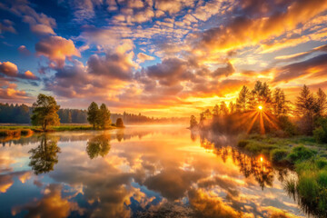 breathtaking sunset reflects on tranquil river, surrounded by lush trees and vibrant clouds. warm hues create serene and mystical atmosphere, inviting peace and contemplation