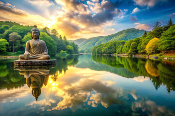 serene landscape featuring large Buddha statue by tranquil lake, surrounded by lush greenery and mountains. reflection in water enhances peaceful atmosphere, evoking sense of calm and tranquility