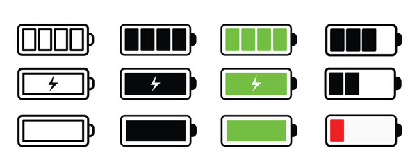 Set of battery icons with one of them showing a green light epmty battery, charging battery in outline, silhouette and editable colors in unexpandable vector form