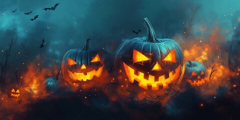 Night Halloween background with pumpkins, candles, bat and castle background, banner background.