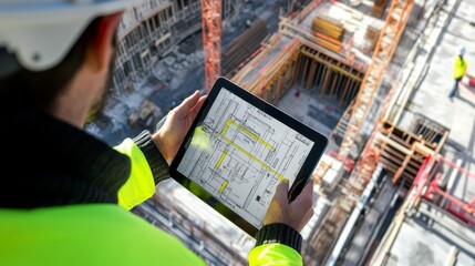 An architect reviewing BIM models on a tablet with augmented reality overlay at a construction site, BIM review with AR scene, Digital construction style