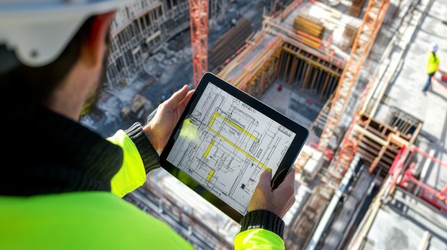 An architect reviewing BIM models on a tablet with augmented reality overlay at a construction site, BIM review with AR scene, Digital construction style - Powered by Adobe