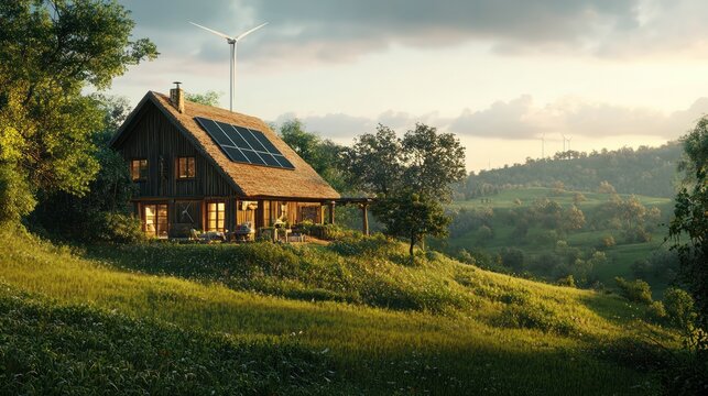 A cozy countryside home built with natural materials, fully self-sufficient with wind turbines and solar power, surrounded by a peaceful landscape of rolling hills and forests.