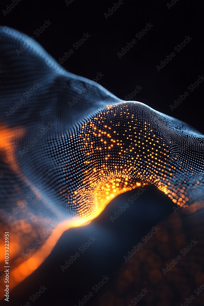 Poster A vibrant, abstract representation of digital waves illuminated by glowing particles, showcasing a combination of light and texture.