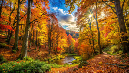 Fototapeta premium vibrant forest scene showcasing autumnal splendor with colorful foliage reflecting in serene river. warm hues of orange, red, and yellow create picturesque landscape that evokes tranquility and