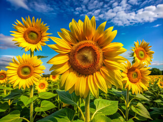 Vibrant yellow sunflowers stand tall against brilliant blue sky, creating stunning display of natures beauty. Their bright petals and rich centers evoke feelings of joy and warmth