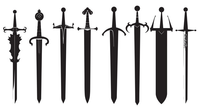 A set of silhouettes of different knight's swords , black silhouettes isolated on white background