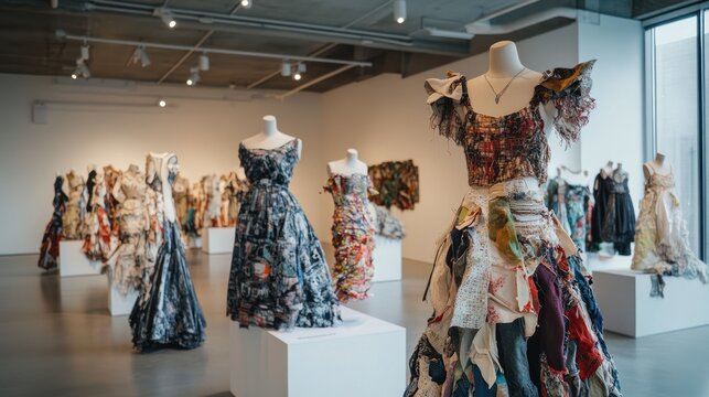 A creative display of recycled material art, showcasing wearable fashion pieces made from discarded textiles, repurposed into unique and stylish outfits in a modern gallery.