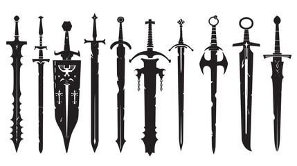 Fototapeta premium A set of silhouettes of different knight's swords , black silhouettes isolated on white background