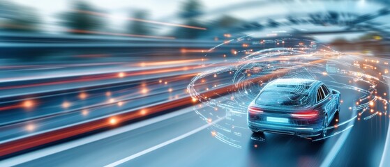 Obraz premium Dynamic motion of a car speeding on a highway, showcasing the energy of modern travel with vibrant light trails.