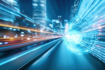 Fototapeta premium Dynamic cityscape with blurred lights representing speed, technology, and urban energy in a futuristic environment.