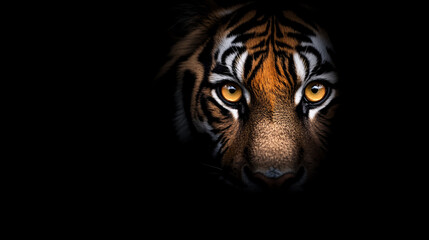 Obraz premium A striking close-up of a tigerâ€™s intense yellow eyes, glowing against a pitch-black background. The tigerâ€™s gaze is direct and piercing, creating a powerful visual impact. The dark orange fur with