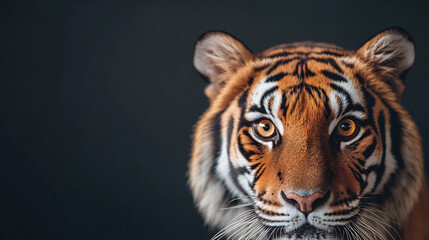 Naklejka premium A striking close-up of a tigerâ€™s intense yellow eyes, glowing against a pitch-black background. The tigerâ€™s gaze is direct and piercing, creating a powerful visual impact. The dark orange fur with