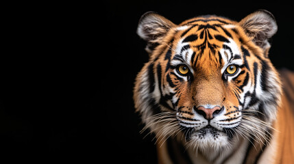 Fototapeta premium The image captures the fierce, bright yellow eyes of a tiger in a close-up shot. The eyes stare directly into the viewer, surrounded by deep orange fur and bold black stripes. The background is