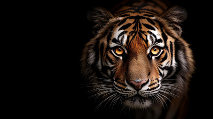 A mesmerizing close-up of a tigerâ€™s glowing yellow eyes, set against a deep black backdrop. The eyes are surrounded by dark orange fur, accented by bold black stripes, which frame the intense stare.