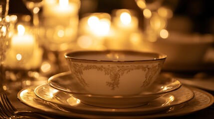 A delicate gold vintage pattern etched onto fine china, the intricate designs glowing under candlelight in a lavish, old-world dining setting.