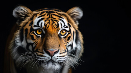 Fototapeta premium In this powerful close-up, the bright yellow eyes of a tiger stare directly at the viewer. The dark orange fur with sharp black stripes frames the eyes, creating a striking contrast against the black