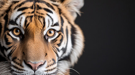 Obraz premium This image captures the bold, bright yellow eyes of a tiger in a detailed close-up. The tigerâ€™s fur, dark orange with black stripes, subtly frames the eyes while the background is solid black,