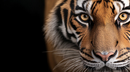 Obraz premium This image captures the bold, bright yellow eyes of a tiger in a detailed close-up. The tigerâ€™s fur, dark orange with black stripes, subtly frames the eyes while the background is solid black,