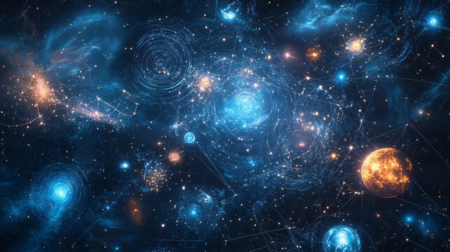 Abstract galaxy with glowing planets, stars, and constellations with a blue and orange color scheme.