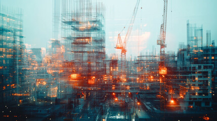Fototapeta premium Urban construction site at dusk with illuminated cranes and scaffolding in vibrant motion blur