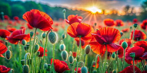 Obraz premium Vibrant crimson poppy petals unfurl like silken scarves, fluttering in gentle breeze as sun sets over picturesque field. scene evokes sense of tranquility and beauty