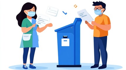 Illustration of two masked individuals submitting documents into a mailbox, highlighting community support and communication.