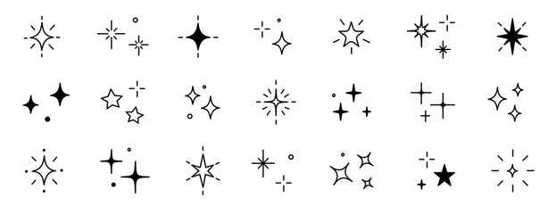 Twinkle star vector glitter bright magic light icon. Star twinkle glitter spark outline shine icon set. Hand drawn sketch doodle style. Magic light pictogram vector illustration.