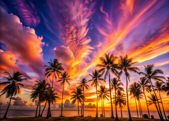 Naklejka premium Breathtaking sunset over tropical beach with vibrant violet clouds streaked across sky, silhouetting palm trees against colorful horizon