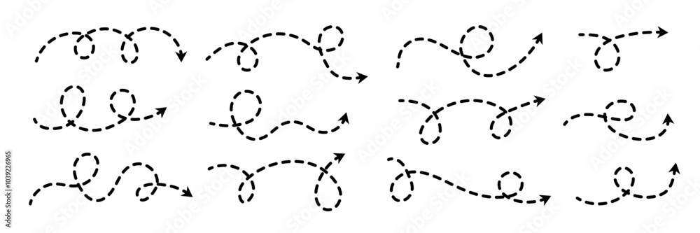 Poster comic dotted thin arrow set. wavy curved dash pointer collection. squiggle sketchy direction or traj