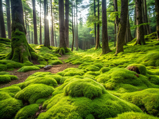 Obraz premium carpet of soft green moss blankets forest floor, creating serene and tranquil atmosphere. Sunlight filters through trees, enhancing lush greenery and inviting exploration