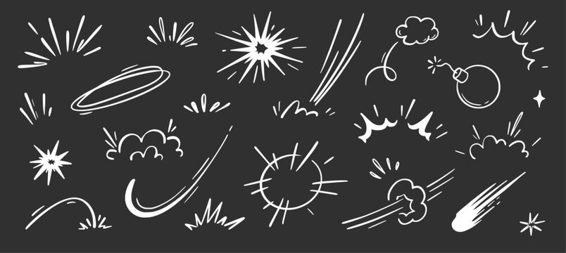 Comic cartoon boom speed effect, explosive motion line element set. Comic boom burst, explosive smoke, line speed cartoon chalkboard. Hand drawn sketch doodle action effect. Vector illustration.